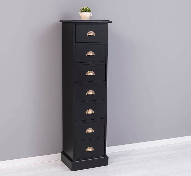 Schmale Schubladensäule aus Massivholz mit 7 Schubladen - Schwarz