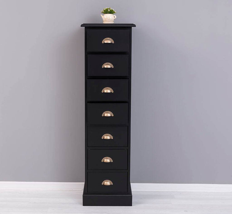 Schmale Schubladensäule aus Massivholz mit 7 Schubladen - Schwarz