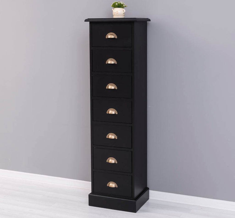 Schmale Schubladensäule aus Massivholz mit 7 Schubladen - Schwarz