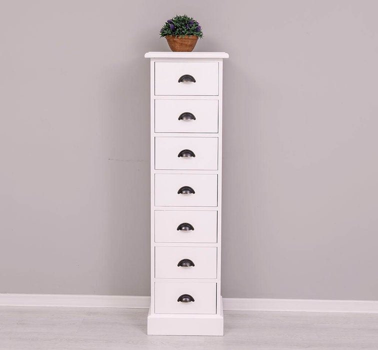 Schmale Schubladensäule aus Massivholz mit 7 Schubladen - Weiß