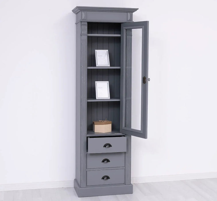 Schmale Vintage Vitrine aus Massivholz mit 3 Schubladen und Ornamenten