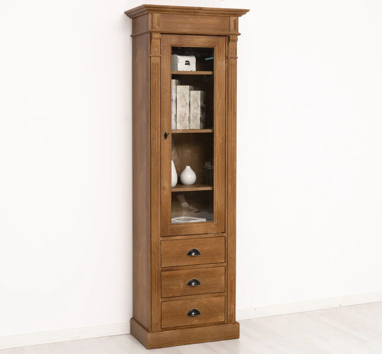 Schmale Vintage Vitrine aus Massivholz mit 3 Schubladen und Ornamenten