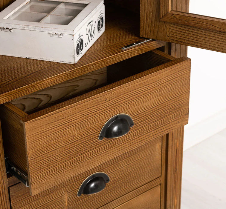 Schmale Vintage Vitrine aus Massivholz mit 3 Schubladen und Ornamenten