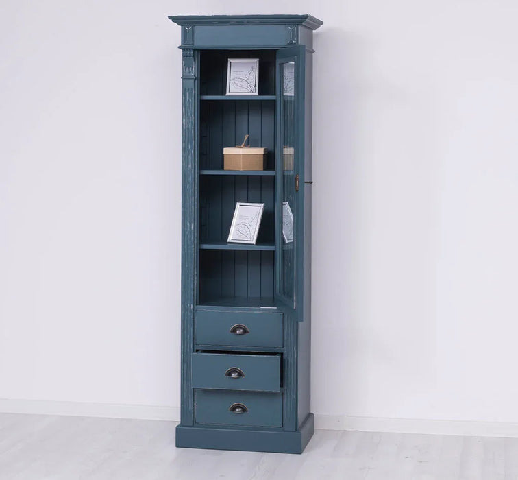 Schmale Vintage Vitrine aus Massivholz mit 3 Schubladen und Ornamenten