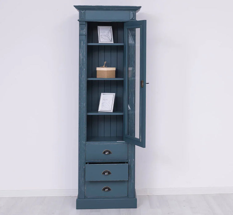 Schmale Vintage Vitrine aus Massivholz mit 3 Schubladen und Ornamenten