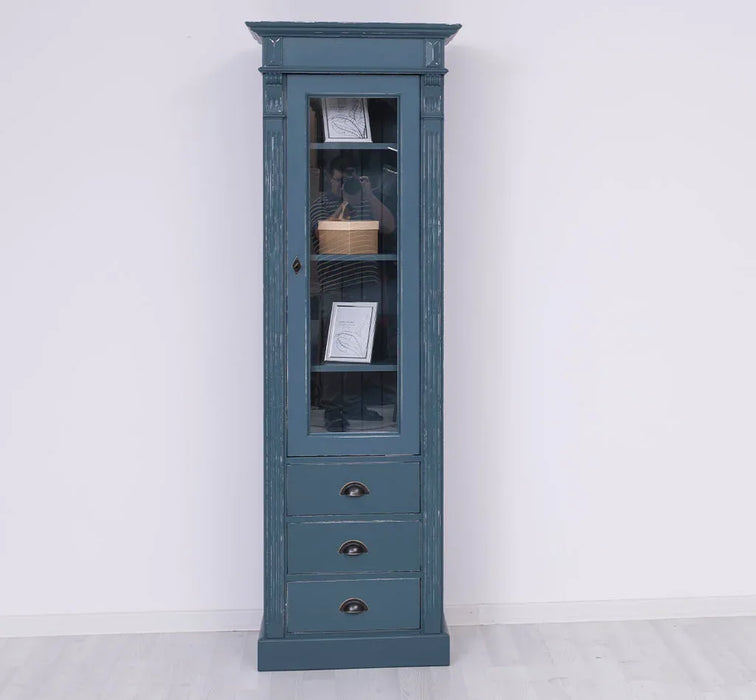 Schmale Vintage Vitrine aus Massivholz mit 3 Schubladen und Ornamenten