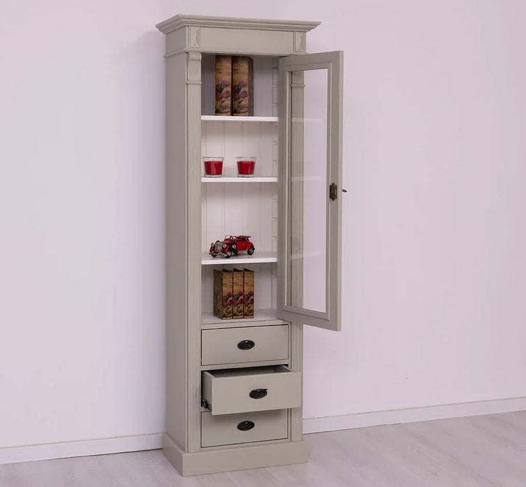 Schmale Vintage Vitrine aus Massivholz mit 3 Schubladen und Ornamenten