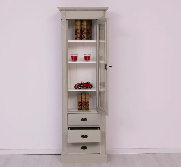 Schmale Vintage Vitrine aus Massivholz mit 3 Schubladen und Ornamenten