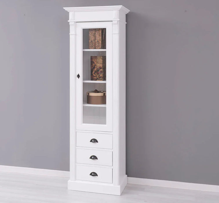 Schmale Vintage Vitrine aus Massivholz mit 3 Schubladen und Ornamenten