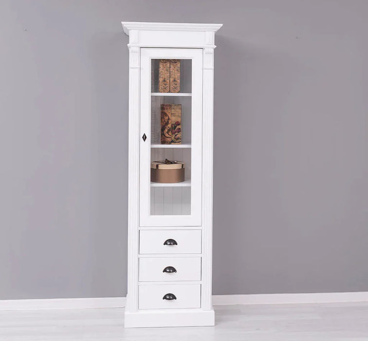 Schmale Vintage Vitrine aus Massivholz mit 3 Schubladen und Ornamenten