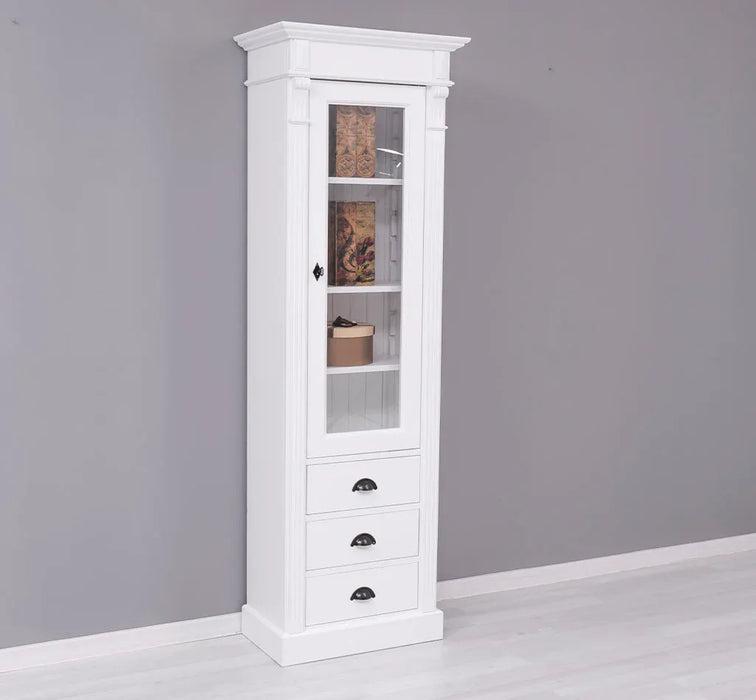 Schmale Vintage Vitrine aus Massivholz mit 3 Schubladen und Ornamenten