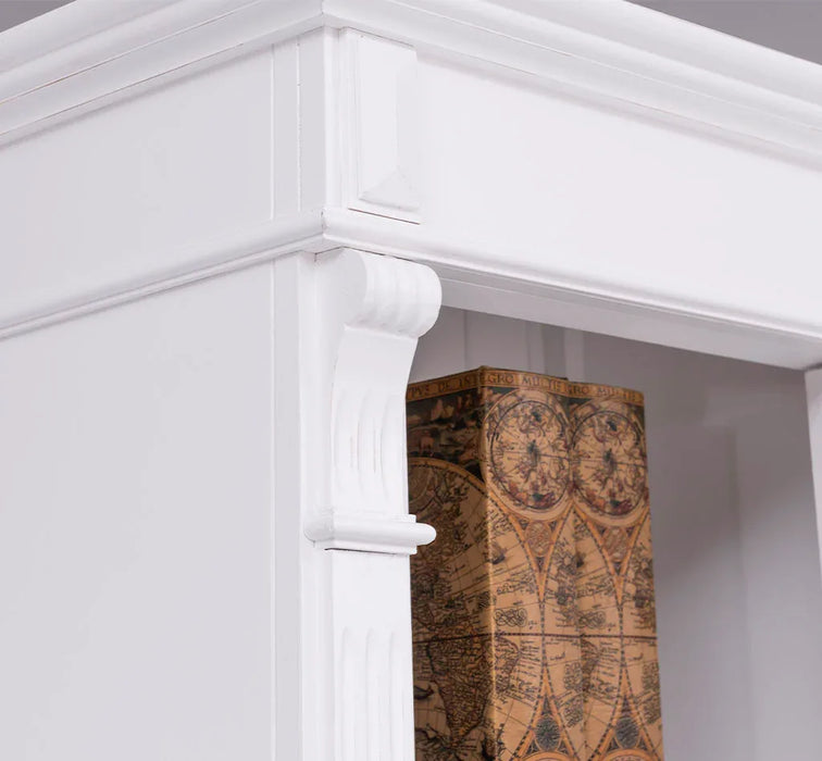 Schmale Vintage Vitrine aus Massivholz mit 3 Schubladen und Ornamenten