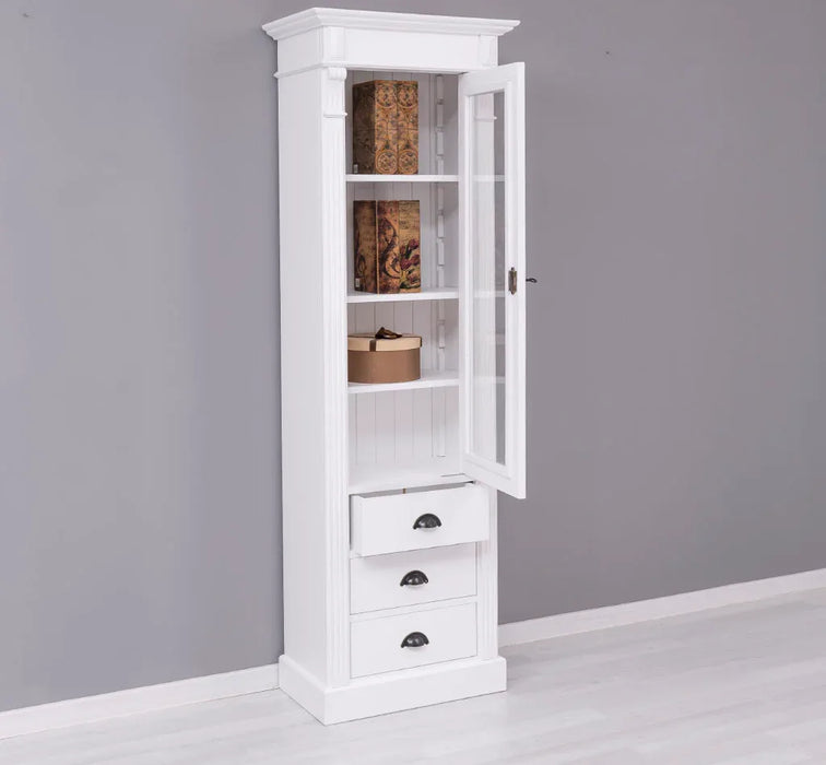 Schmale Vintage Vitrine aus Massivholz mit 3 Schubladen und Ornamenten