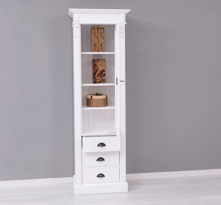 Schmale Vintage Vitrine aus Massivholz mit 3 Schubladen und Ornamenten