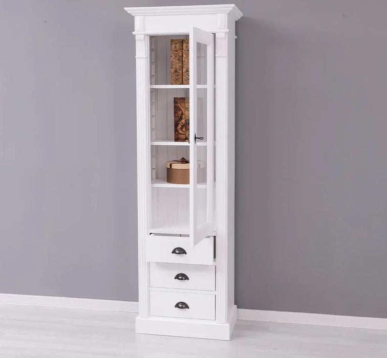 Schmale Vintage Vitrine aus Massivholz mit 3 Schubladen und Ornamenten