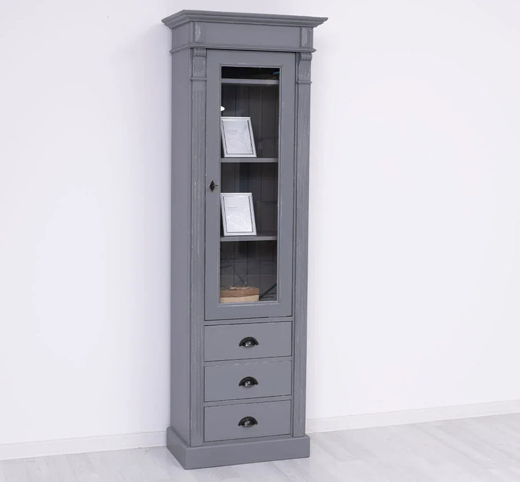 Schmale Vintage Vitrine aus Massivholz mit 3 Schubladen und Ornamenten