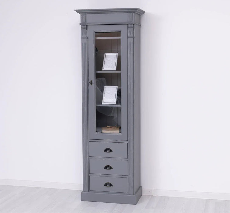 Schmale Vintage Vitrine aus Massivholz mit 3 Schubladen und Ornamenten