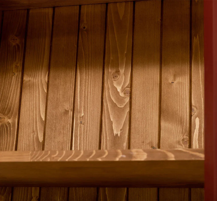 Schmaler Vitrinen- Schrank aus Massivholz mit verglasten Türen & 5 Einlegeböden