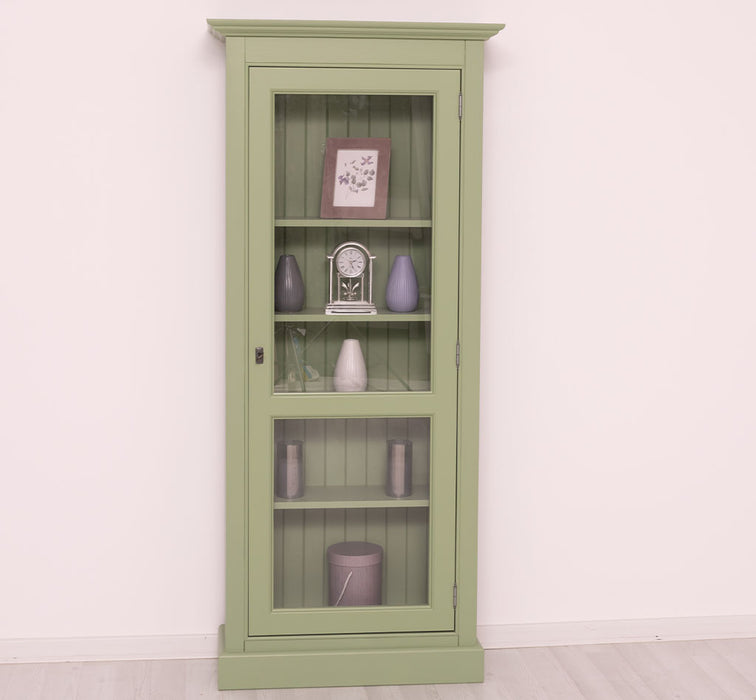 Schmaler Vitrinenschrank aus Massivholz in verschiedenen Farben