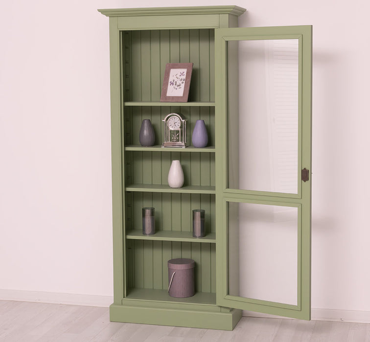 Schmaler Vitrinenschrank aus Massivholz in verschiedenen Farben