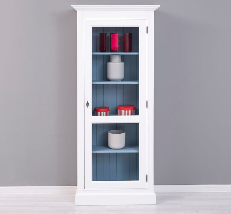 Schmaler Vitrinenschrank aus Massivholz in verschiedenen Farben