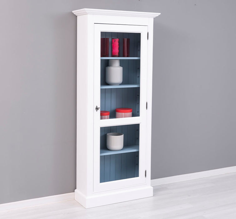 Schmaler Vitrinenschrank aus Massivholz in verschiedenen Farben