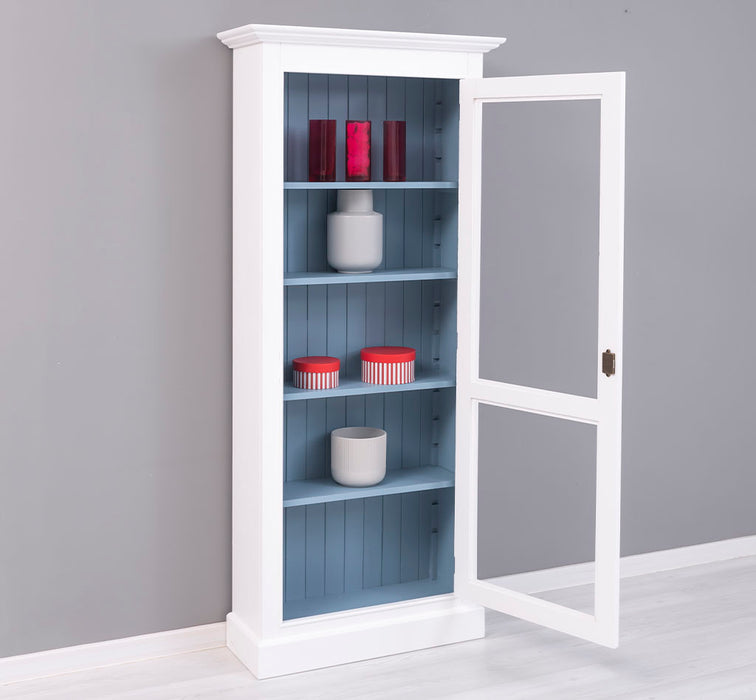 Schmaler Vitrinenschrank aus Massivholz in verschiedenen Farben