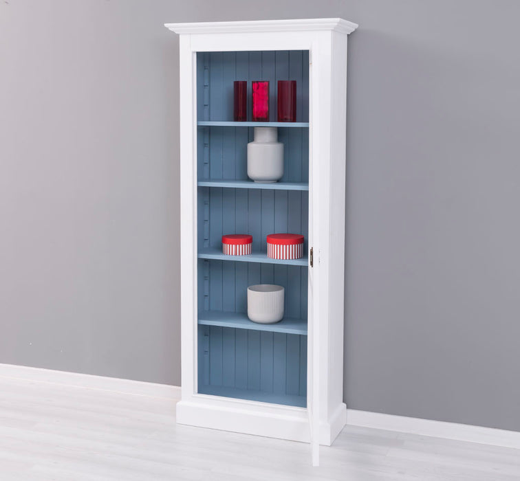 Schmaler Vitrinenschrank aus Massivholz in verschiedenen Farben