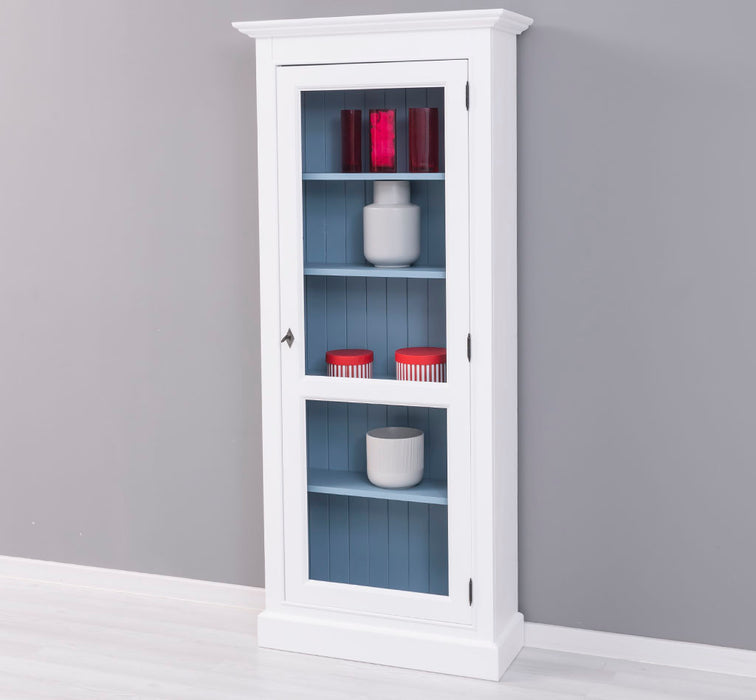 Schmaler Vitrinenschrank aus Massivholz in verschiedenen Farben