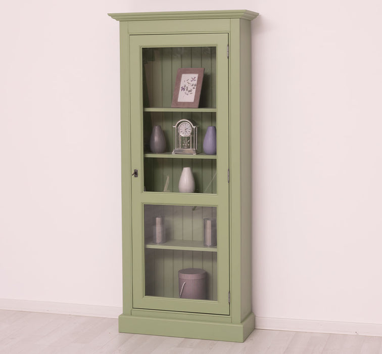 Schmaler Vitrinenschrank aus Massivholz in verschiedenen Farben