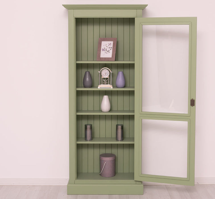 Schmaler Vitrinenschrank aus Massivholz in verschiedenen Farben