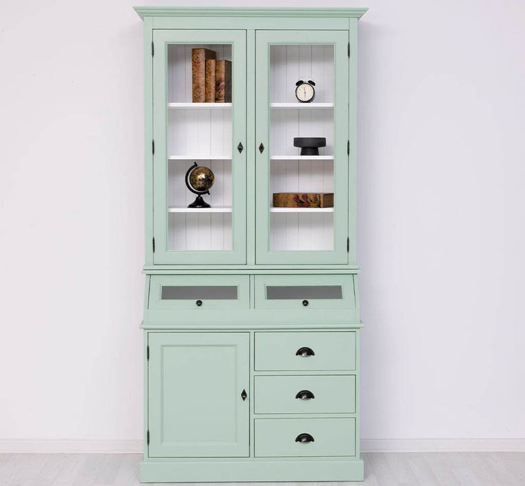 Schmaler Vitrinenschrank aus Massivholz mit Kippfächern | Geschirrschrank mit Display