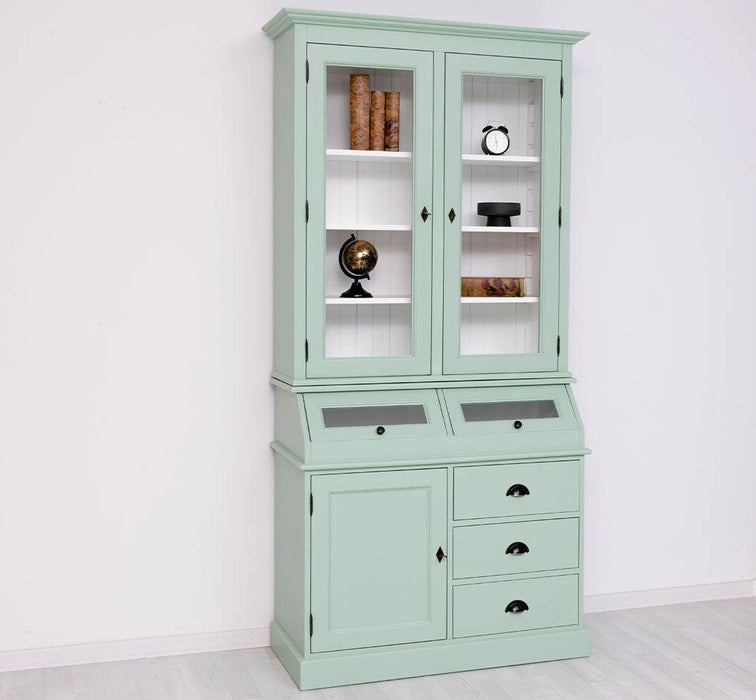 Schmaler Vitrinenschrank aus Massivholz mit Kippfächern | Geschirrschrank mit Display
