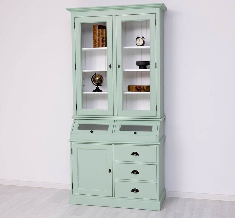 Schmaler Vitrinenschrank aus Massivholz mit Kippfächern | Geschirrschrank mit Display | 2- teilig -