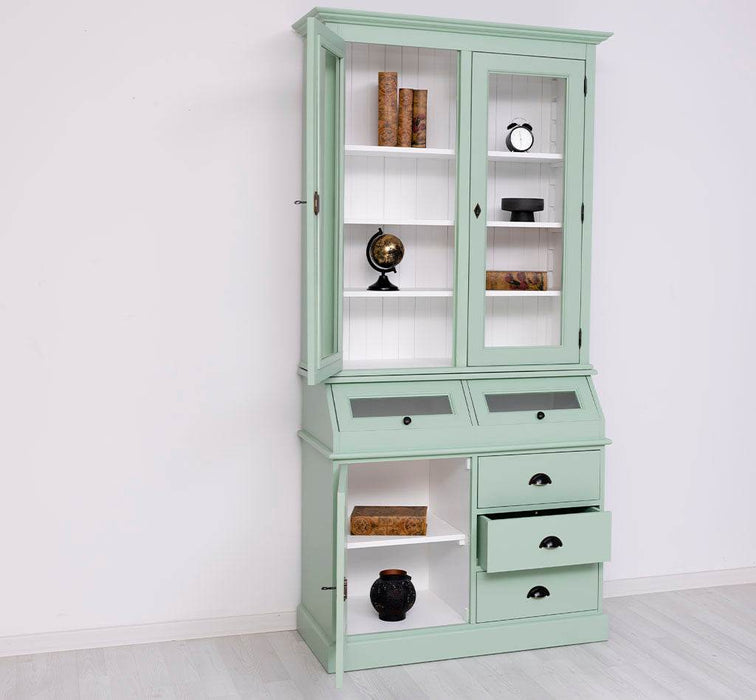 Schmaler Vitrinenschrank aus Massivholz mit Kippfächern | Geschirrschrank mit Display | 2- teilig -