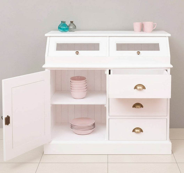 Schmales Sideboard aus Massivholz mit Kippfächern | Geschirrschrank mit Display -