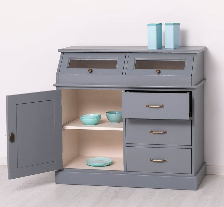 Schmales Sideboard aus Massivholz mit Kippfächern | Geschirrschrank mit Display -