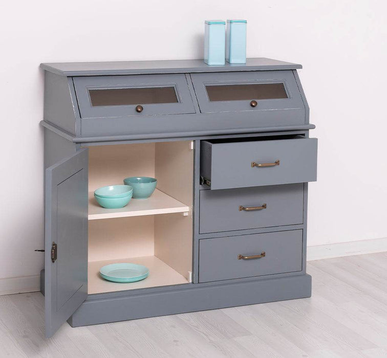 Schmales Sideboard aus Massivholz mit Kippfächern | Geschirrschrank mit Display -