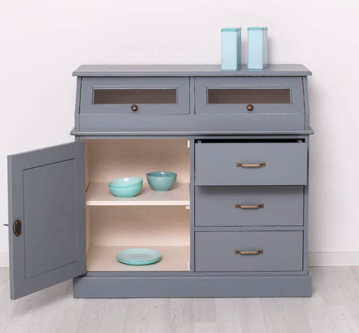 Schmales Sideboard aus Massivholz mit Kippfächern | Geschirrschrank mit Display -