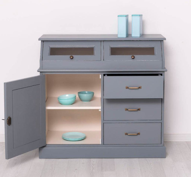 Schmales Sideboard aus Massivholz mit Kippfächern | Geschirrschrank mit Display -