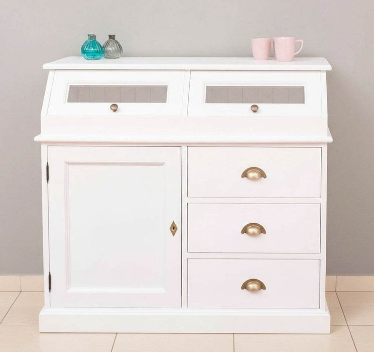 Schmales Sideboard aus Massivholz mit Kippfächern | Geschirrschrank mit Display -