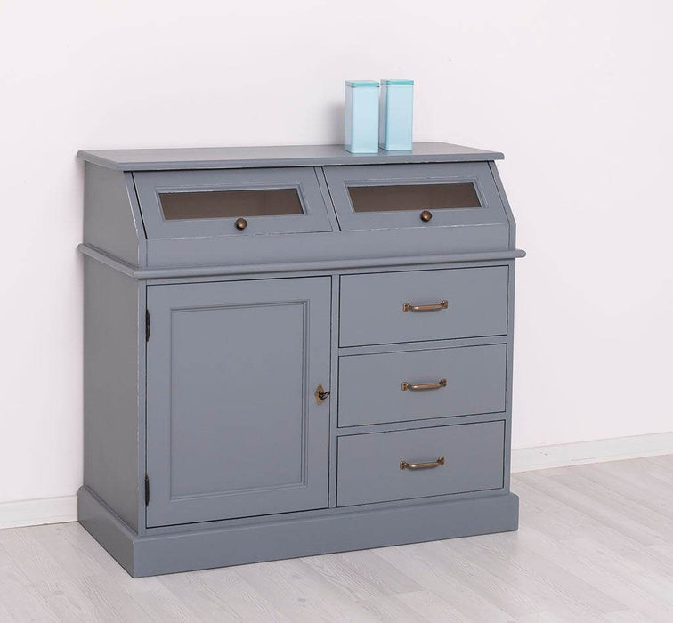 Schmales Sideboard aus Massivholz mit Kippfächern | Geschirrschrank mit Display -