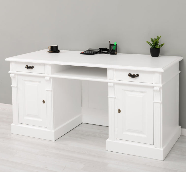 Schreibtisch aus Massivholz | Arbeitsplatz mit 2 Schubladen und 2 Türen