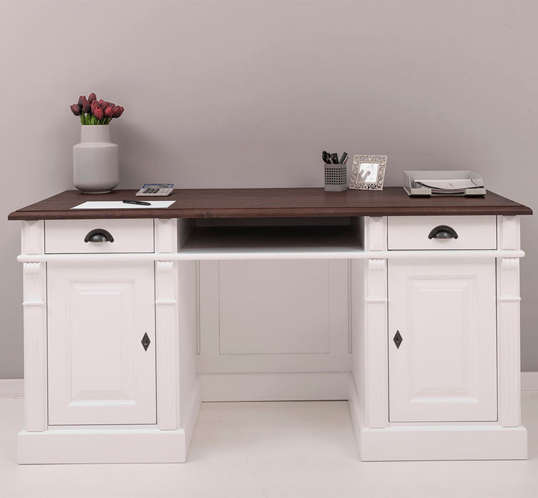 Schreibtisch aus Massivholz | Arbeitsplatz mit 2 Schubladen und 2 Türen