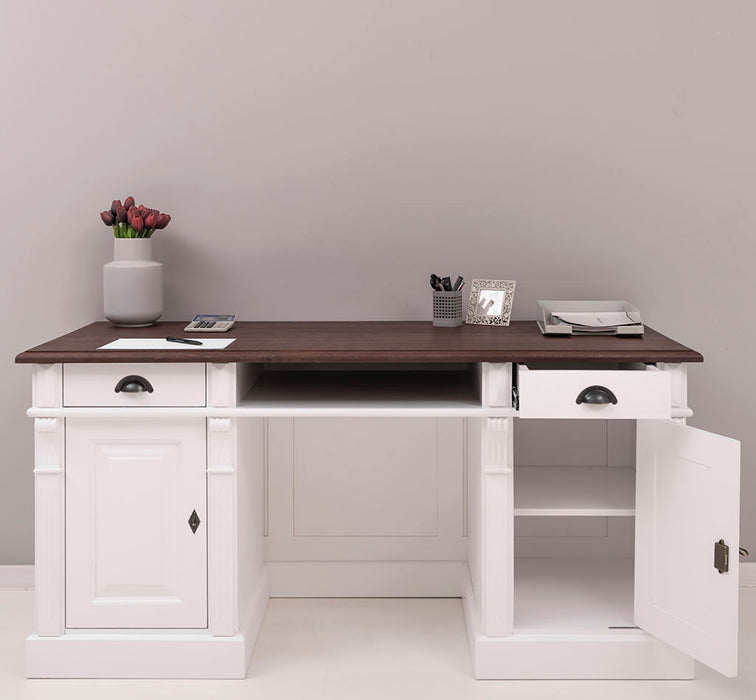 Schreibtisch aus Massivholz | Arbeitsplatz mit 2 Schubladen und 2 Türen