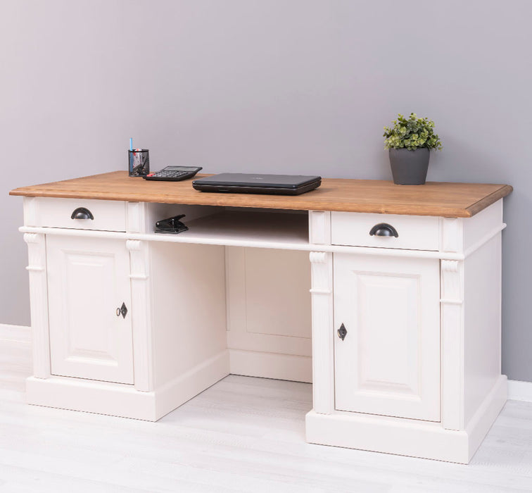 Schreibtisch aus Massivholz | Arbeitsplatz mit 2 Schubladen und 2 Türen