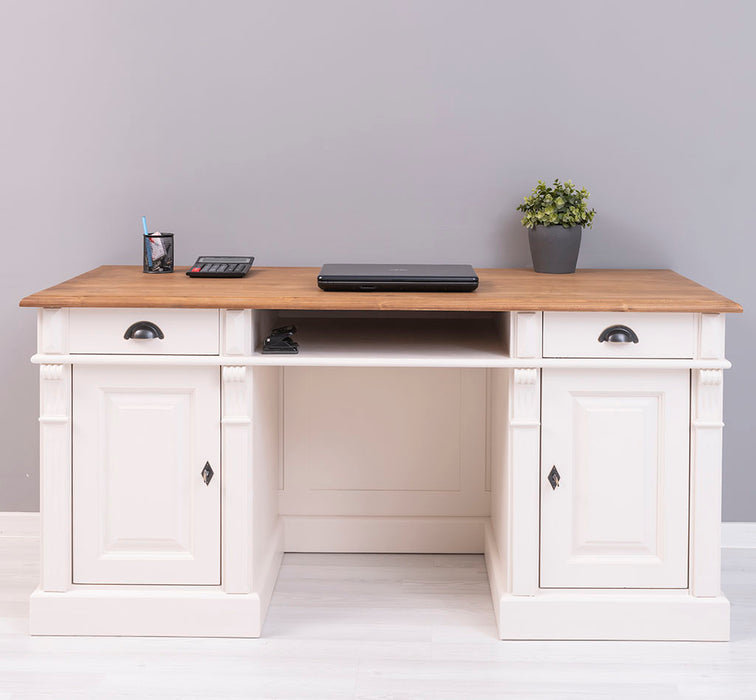 Schreibtisch aus Massivholz | Arbeitsplatz mit 2 Schubladen und 2 Türen