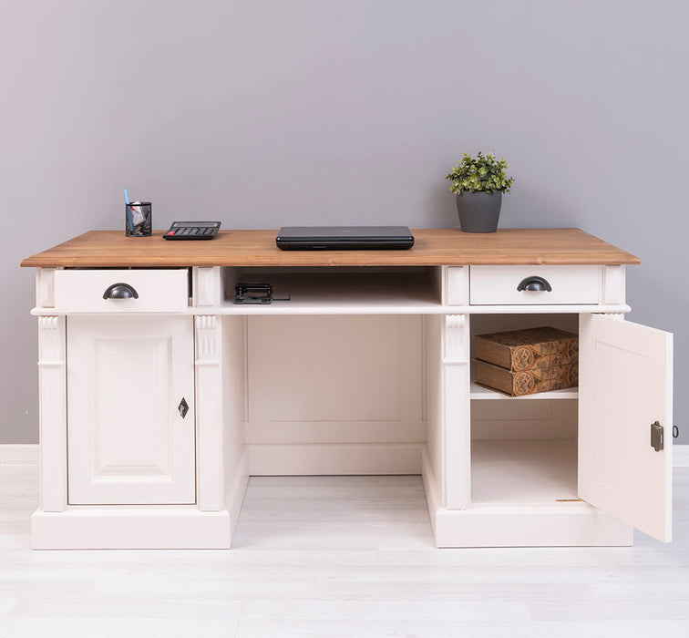 Schreibtisch aus Massivholz | Arbeitsplatz mit 2 Schubladen und 2 Türen