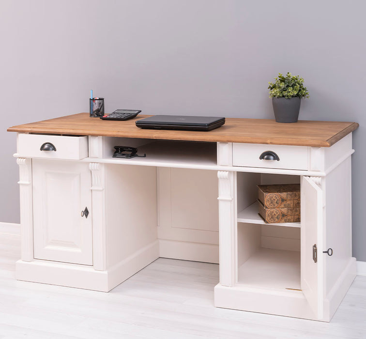 Schreibtisch aus Massivholz | Arbeitsplatz mit 2 Schubladen und 2 Türen