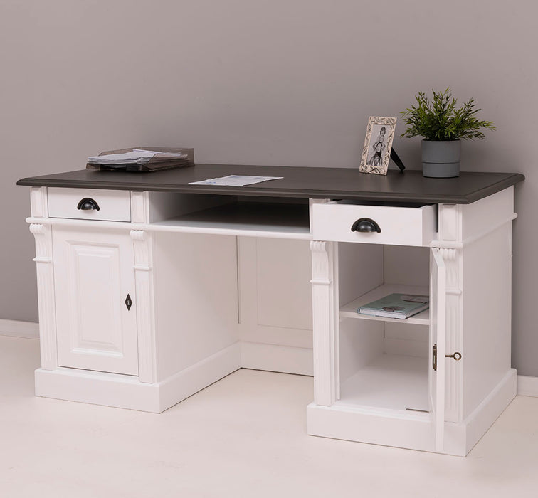 Schreibtisch aus Massivholz | Arbeitsplatz mit 2 Schubladen und 2 Türen